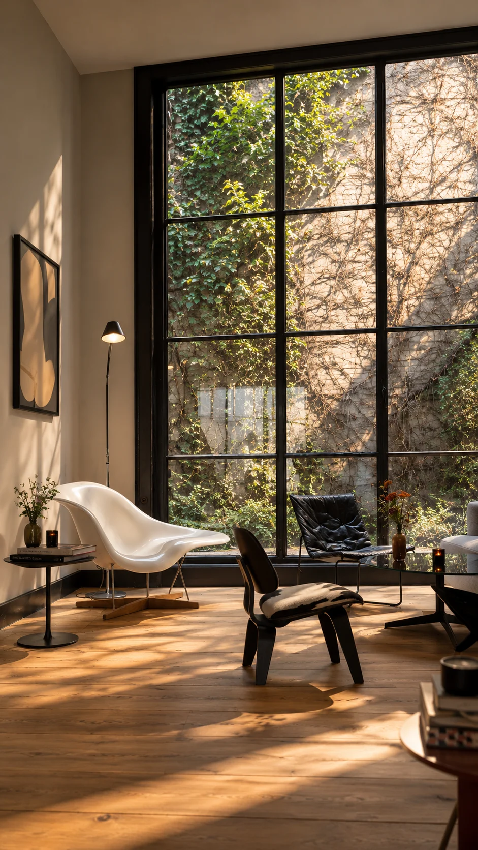 Zithoek van Hotel Julien met designmeubels en groot raam met klimop
