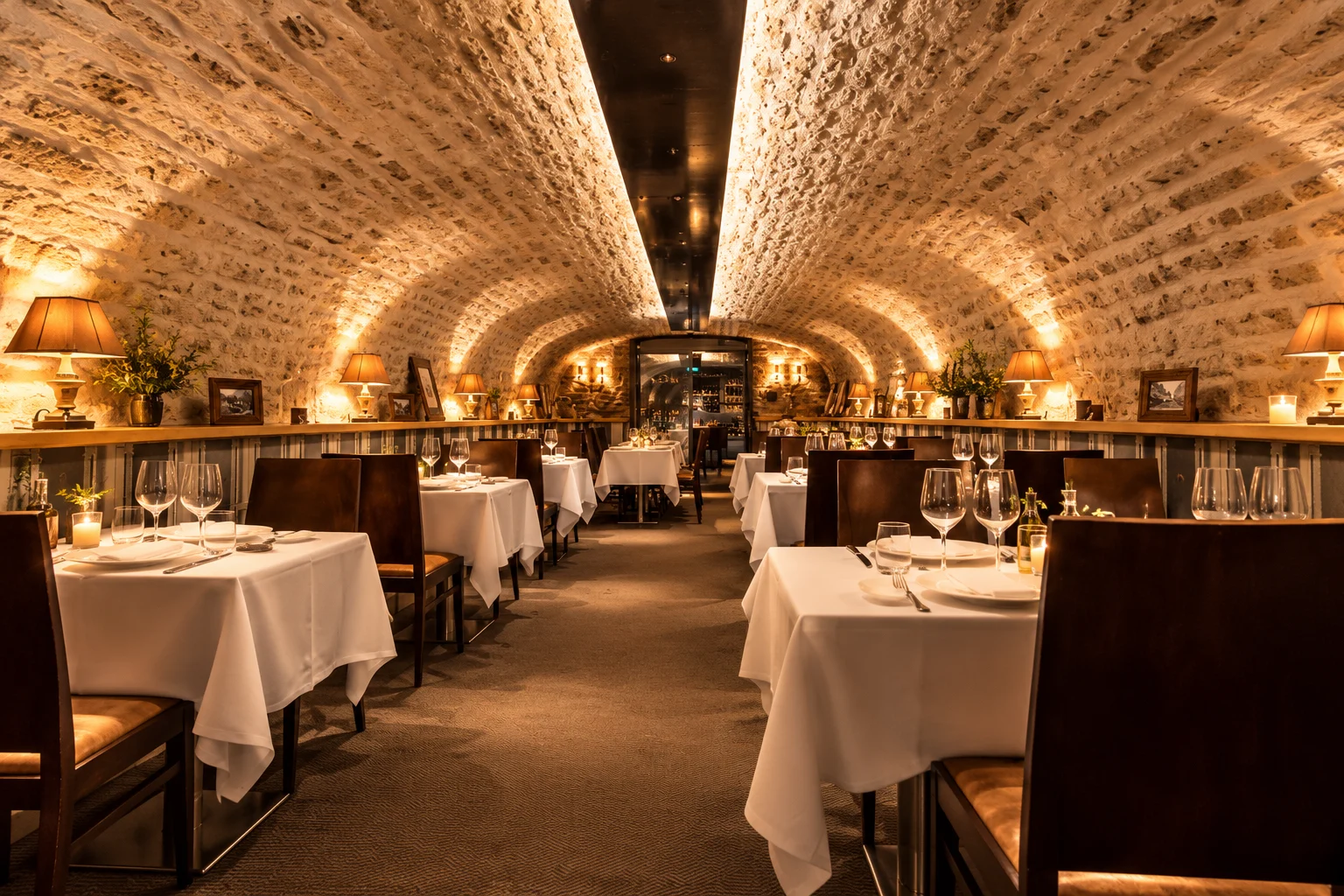 De gewelfde keldervloer van restaurant 21 Boulevard in Beaune met gedekte tafels en warme verlichting