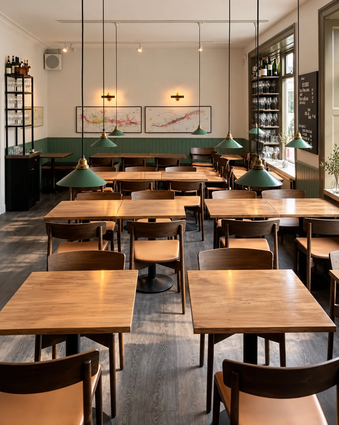Interieur van Anarki met houten tafels en groene hanglampen