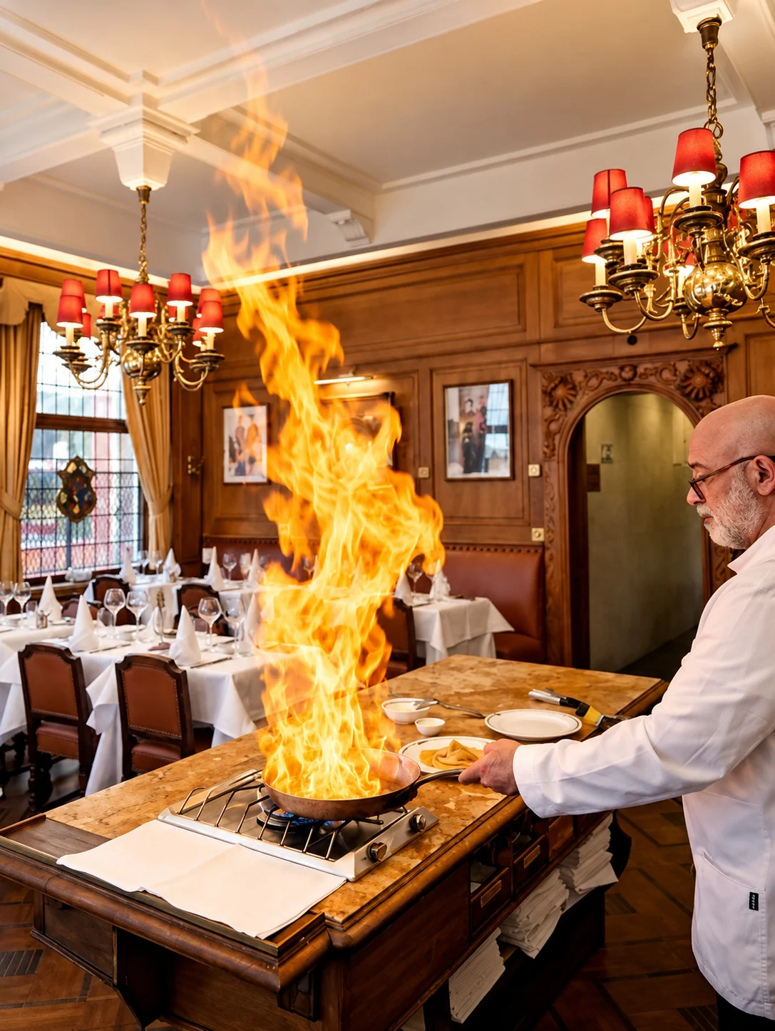 Flamberen aan tafel bij Aux Armes de Bruxelles
